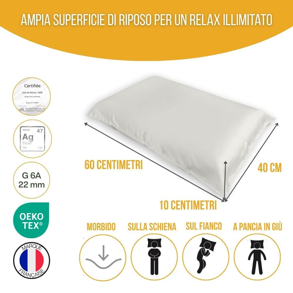 Cuscino bianco con dimensioni 60x40x10 cm. Certificazioni: Oeko-Tex, bandiera francese.