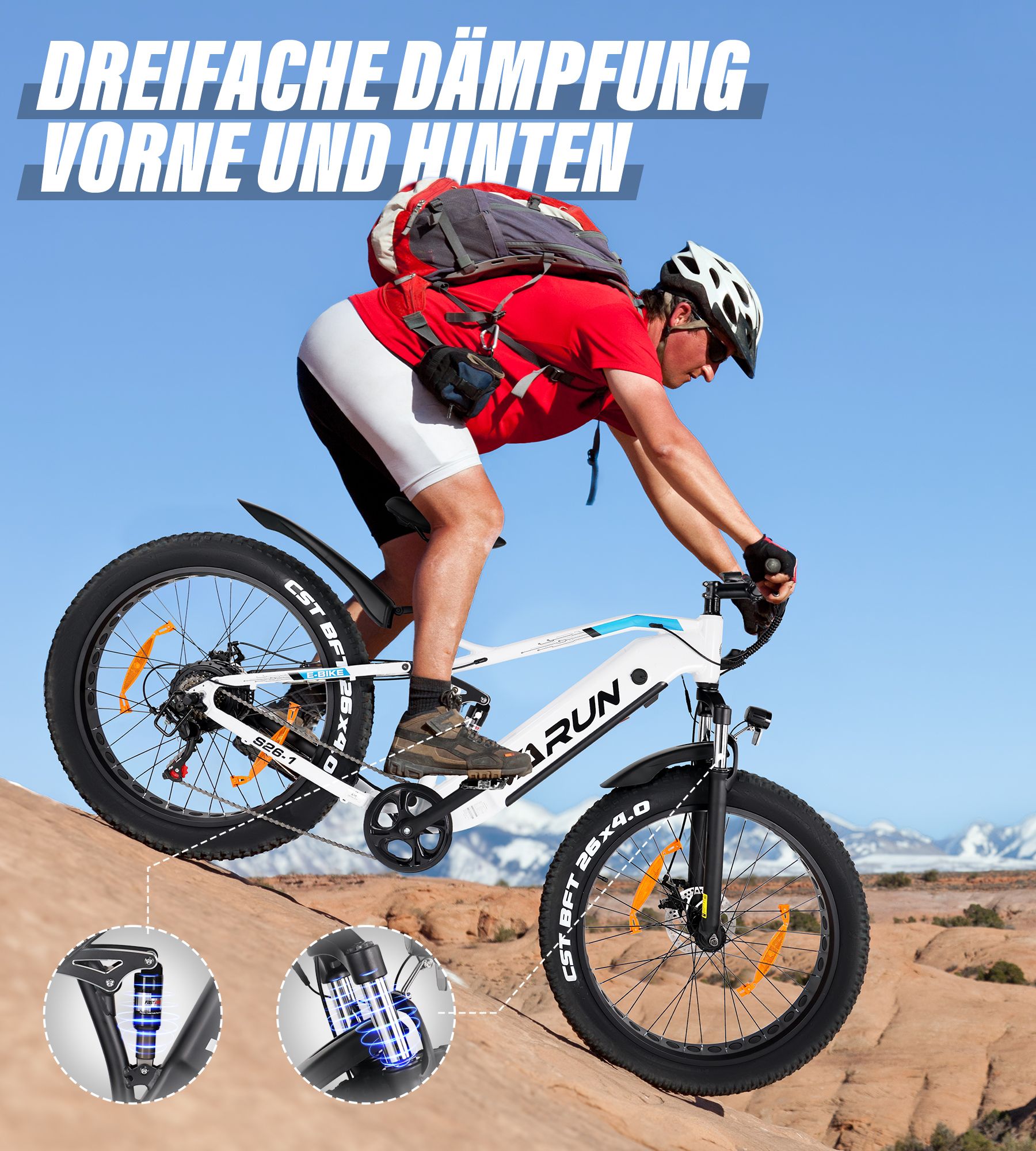 Persona in sella a e-bike VARUN S26-1. Tripla ammortizzazione anteriore e posteriore. Pneumatici neri, telaio bianco, accento blu.