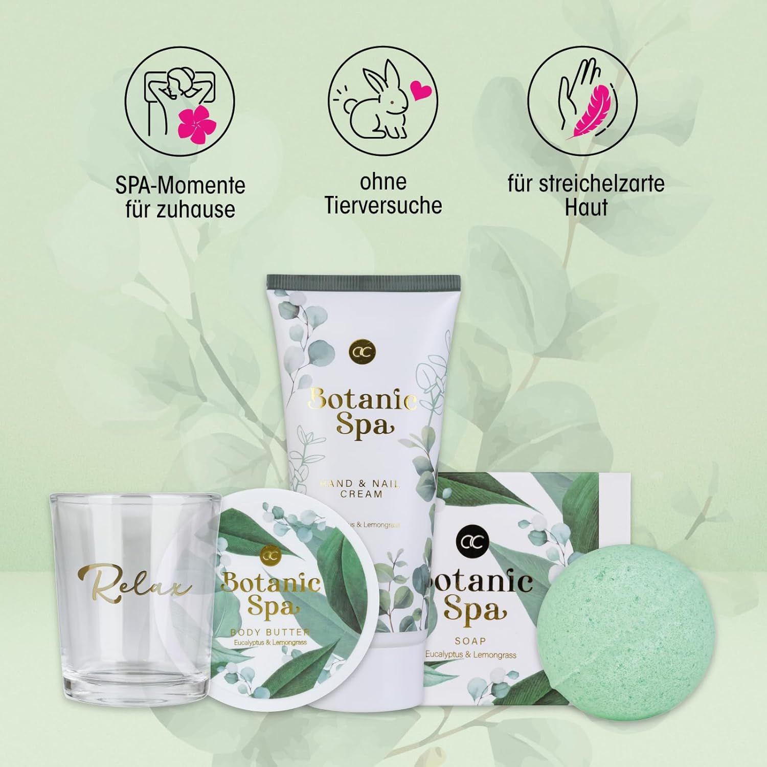 Prodotti Botanic Spa: crema mani, burro corpo, sapone, bomba da bagno e bicchiere 'Relax'. Icone.