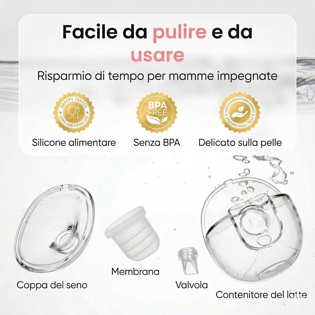 Parti di tiralatte: coppa del seno, membrana, valvola, contenitore del latte. Silicone alimentare, senza BPA, delicato sulla pelle.