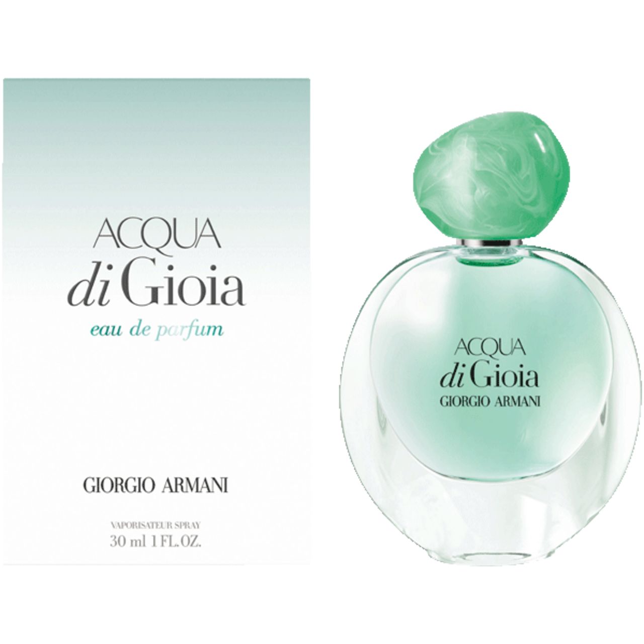 Flacone e confezione. Flacone rotondo, verde. Confezione bianca con scritta: Acqua di Gioia, Giorgio Armani.