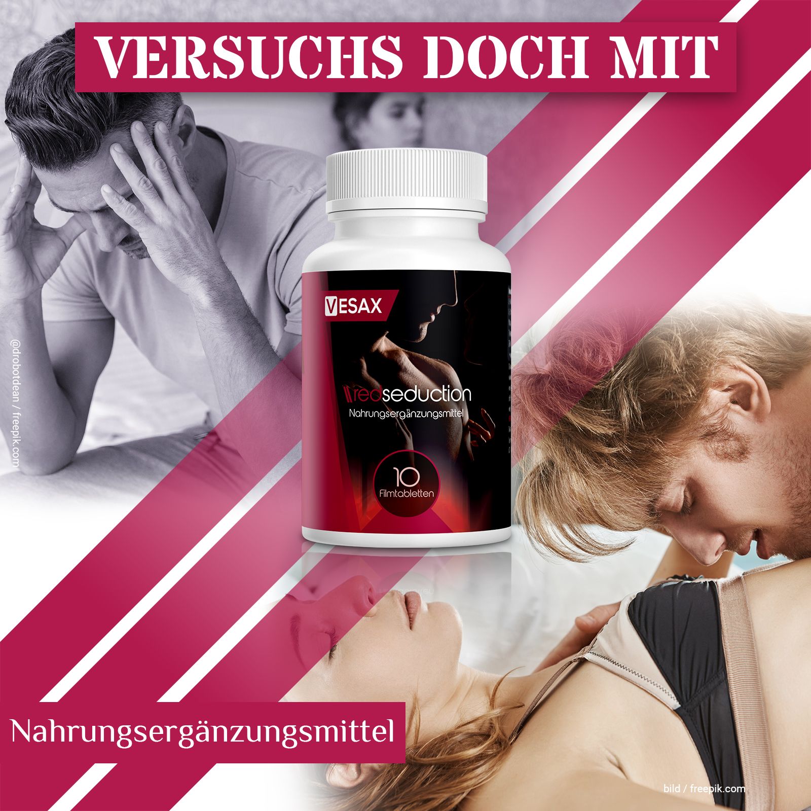 Flacone di Red Seduction, integratore alimentare per uomini, 20 capsule.