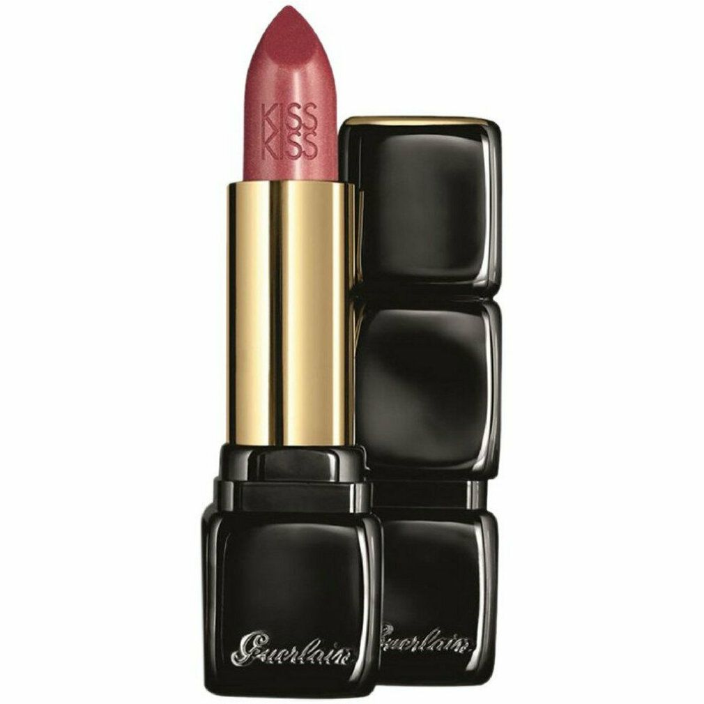 Rossetto rosa con astuccio nero quadrato e tubo dorato. "KISS KISS" sul rossetto.