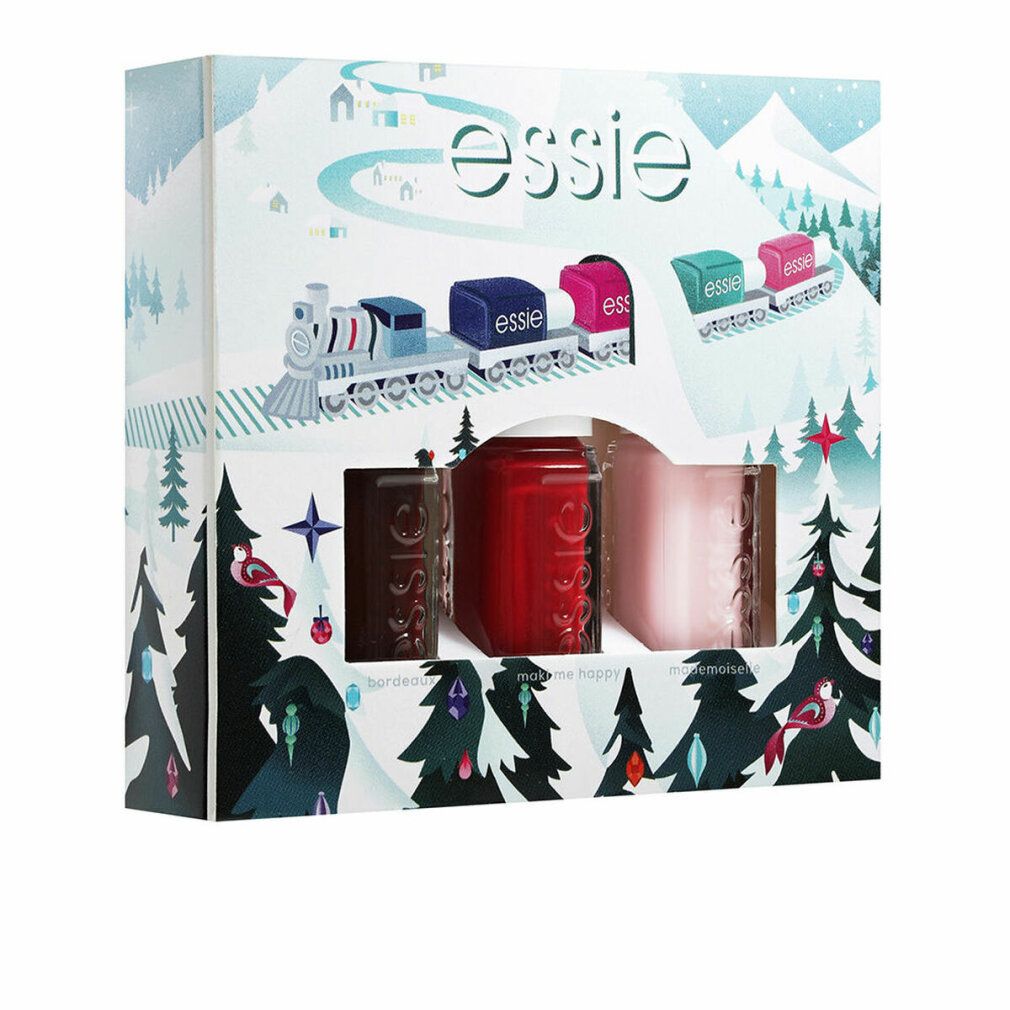 Set Essie con tre smalti in confezione regalo. La scatola presenta un motivo invernale con un treno. I flaconi sono di diversi colori.