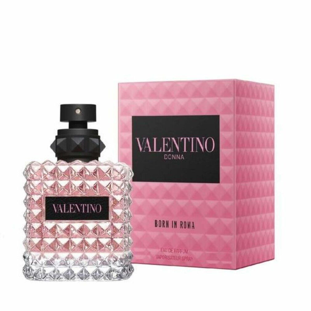Valentino Born In Roma Eau de Parfum. Scatola e flacone rosa. Tappo nero. Testo: Valentino, Born in Roma, Donna.