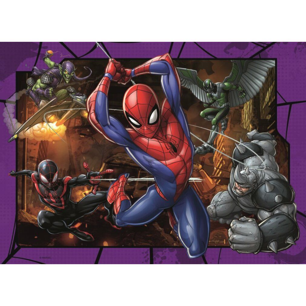 Dettaglio puzzle Spider-Man. Spider-Man in azione. Altri personaggi. Sfondo urbano ed elementi viola.