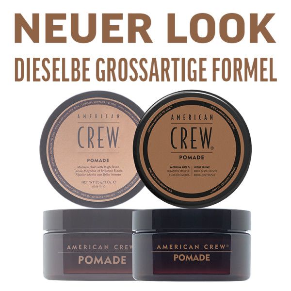 Tre barattoli AMERICAN CREW POMADE. Due con coperchi, uno aperto. Testo: NUOVO LOOK, STESSA GRANDE FORMULA.