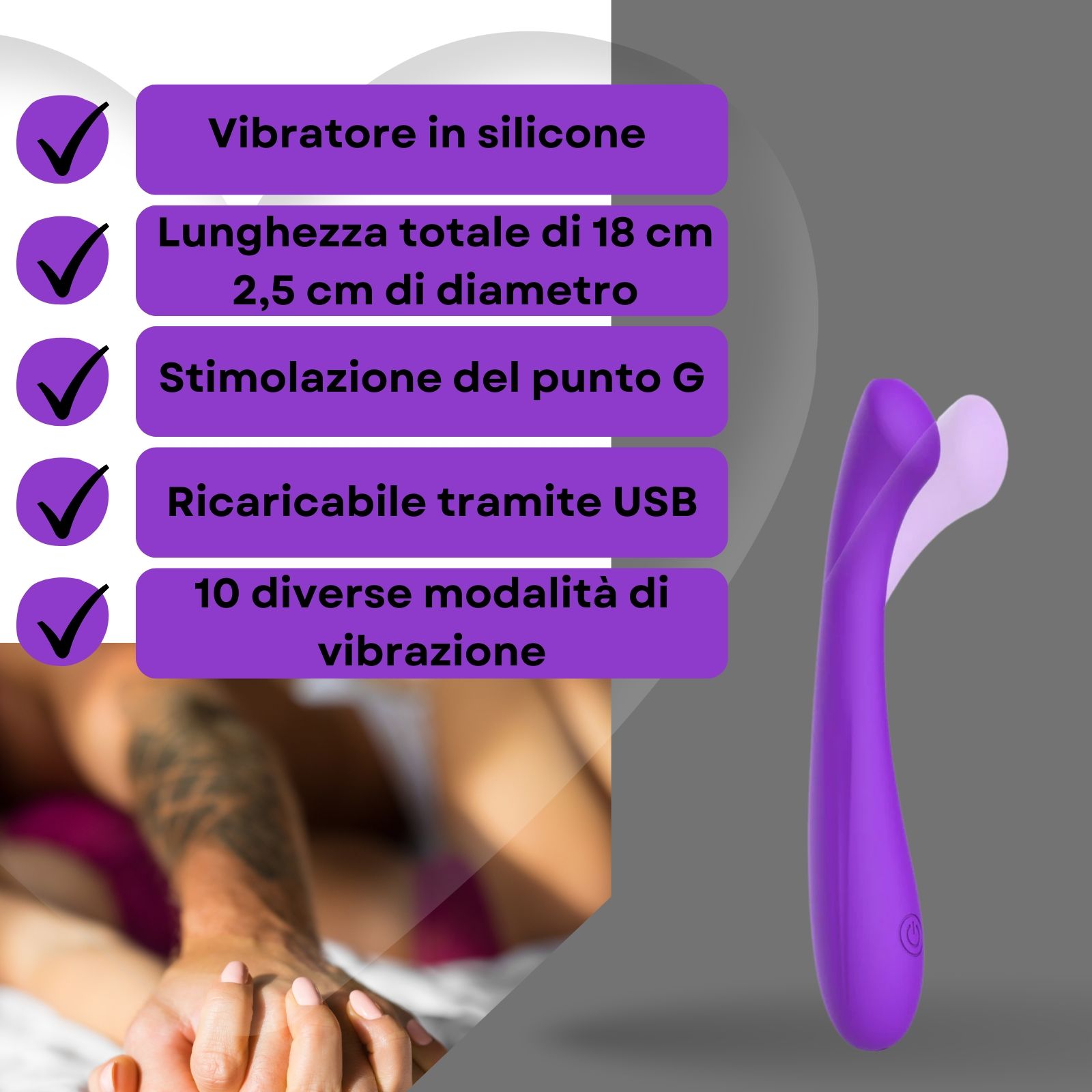 Vibratore viola, testo: Vibratore in silicone, 18cm, 2,5cm diametro, stimolazione punto G, USB.
