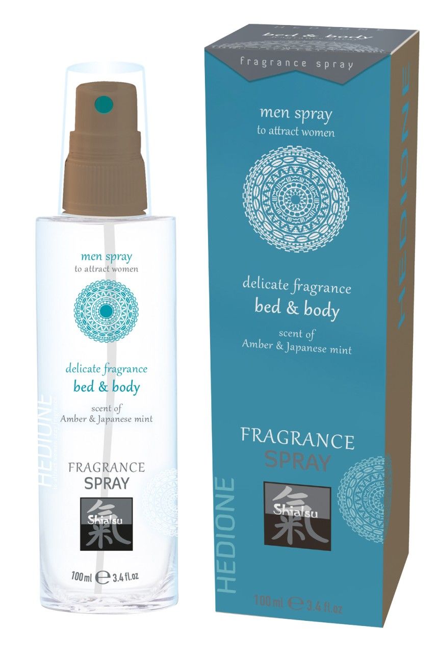 Flacone e confezione di spray profumato da uomo, scritta "Shiatsu".