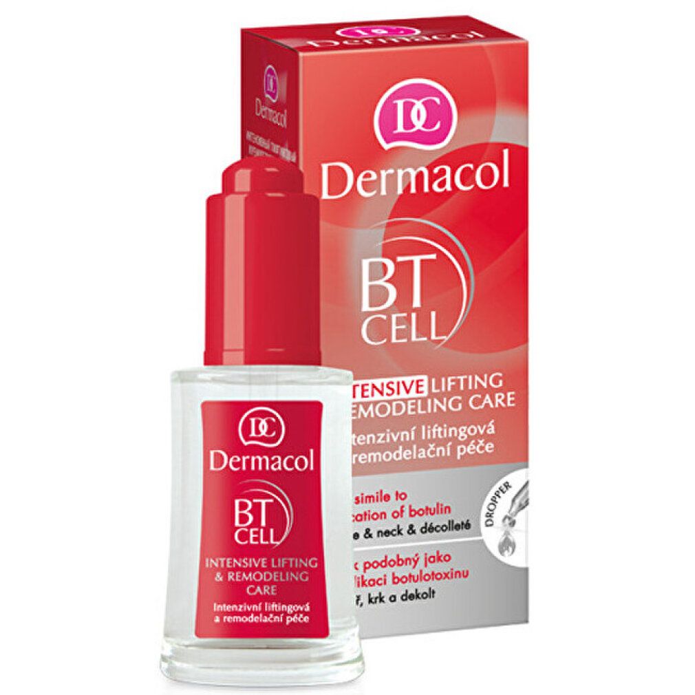 Flacone di siero e confezione. Tappo rosso, flacone trasparente. Confezione con nome e logo del prodotto. Testo: BT CELL, Intensive Lifting & Remodeling Care.