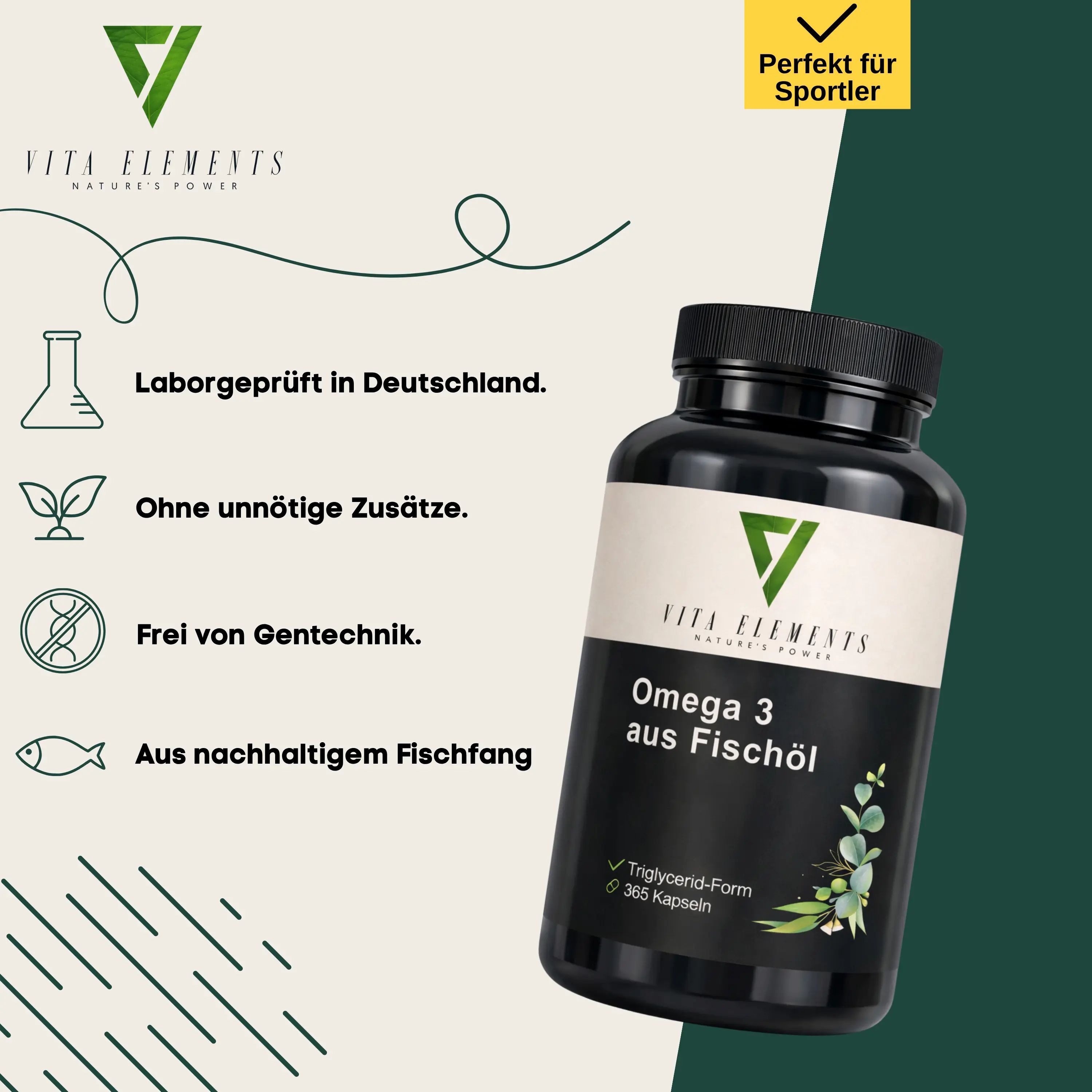 Capsule Vita Elements Omega 3 da olio di pesce: testate in laboratorio, senza OGM, da pesca sostenibile.