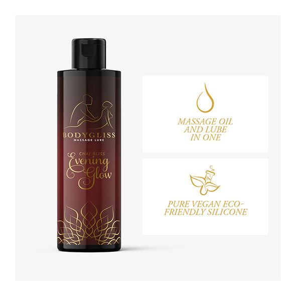 Flacone. Scritta: BodyGliss Massage Lube, Chai Bliss Evening Glow. Testo: Olio da massaggio e lubrificante in uno. Vegano.