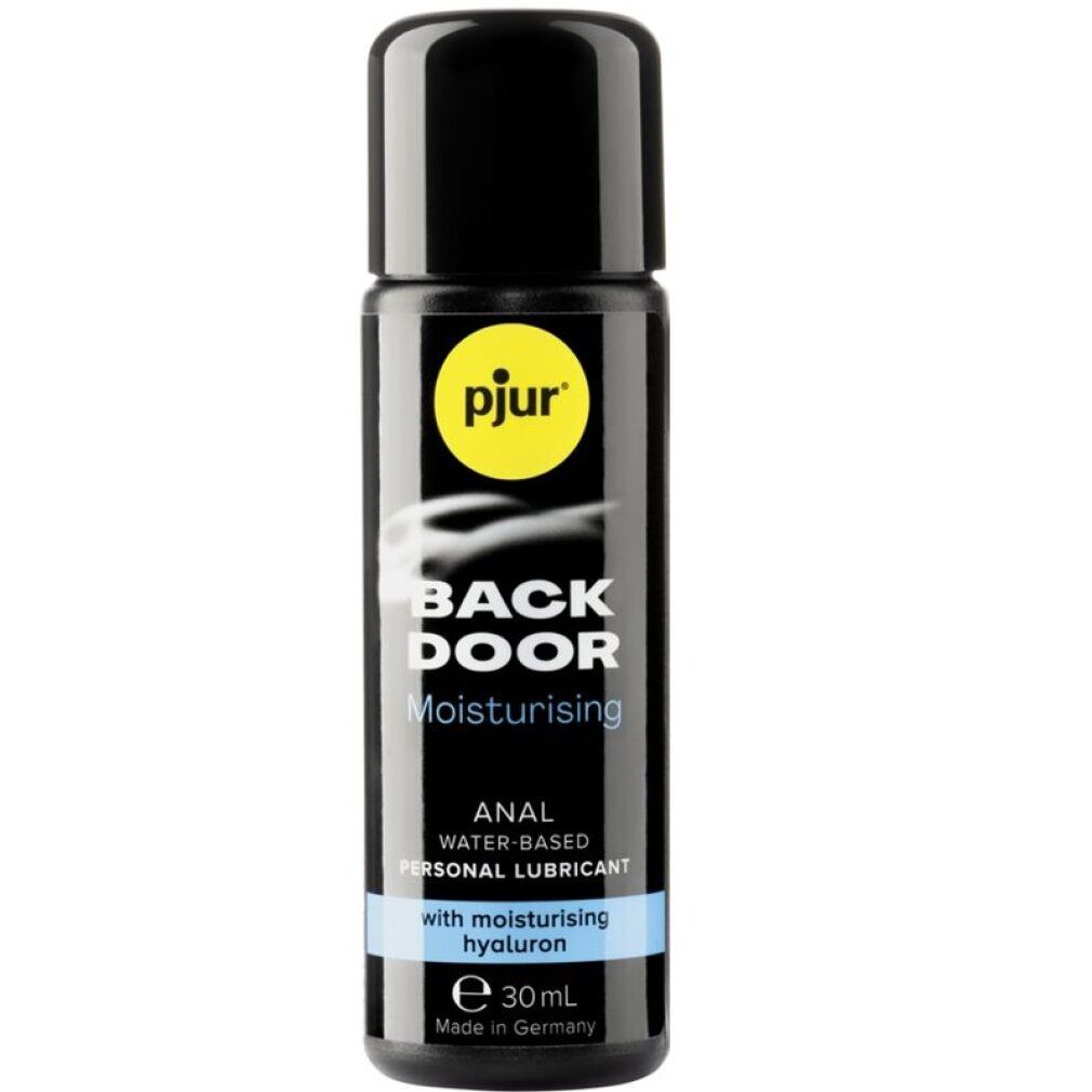 Flacone nero con logo giallo. Scritta: pjur, BACK DOOR, Moisturising, ANAL PERSONAL LUBRICANT. Con ialurone. 30ml.