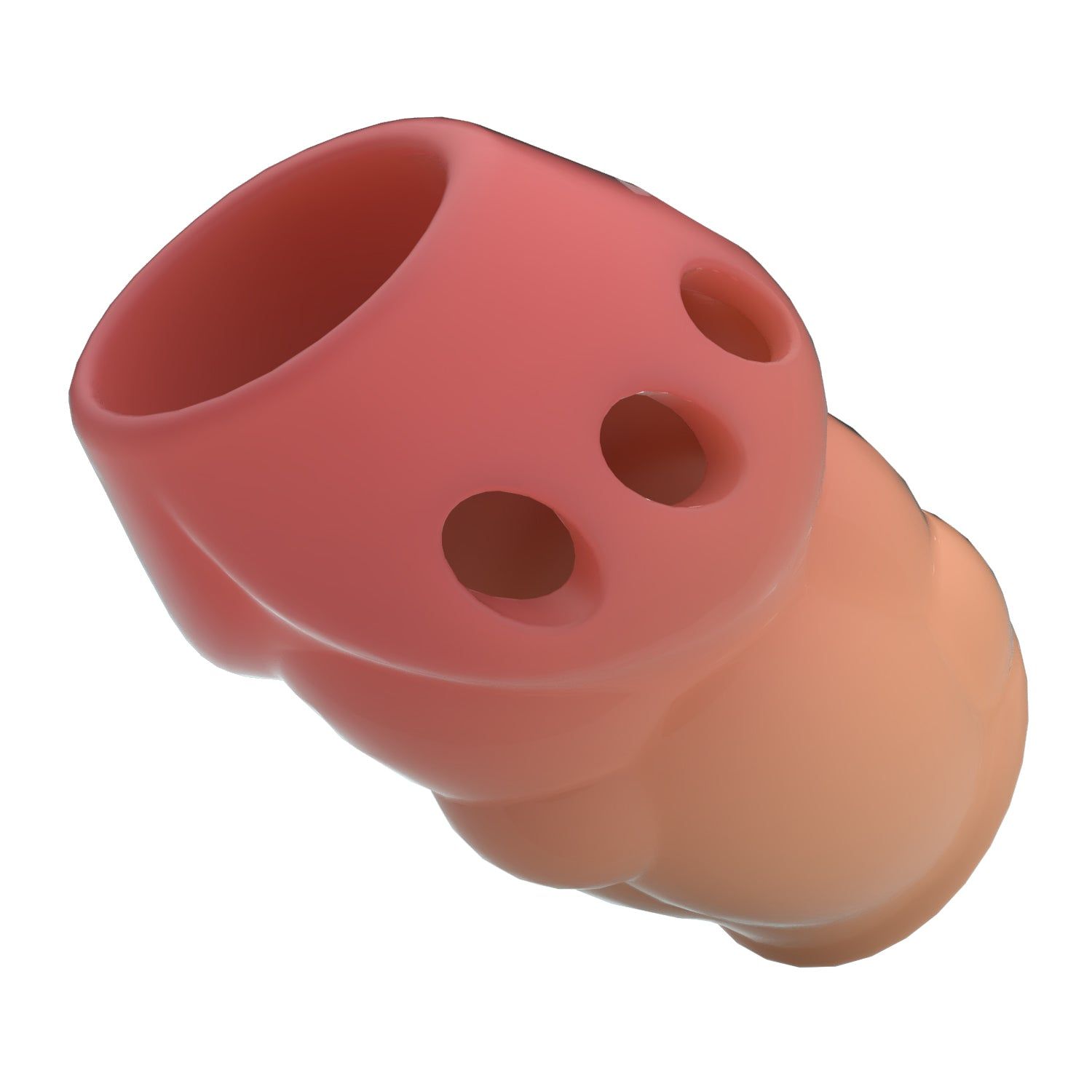 Prodotto cilindrico bicolore con fori. Metà superiore rosa, metà inferiore beige. Vista obliqua.