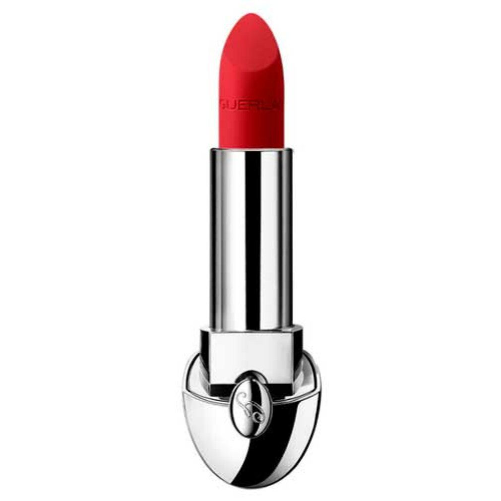 Rossetto rosso in astuccio argentato. Il rossetto è parzialmente estratto. Il nome del marchio è visibile.