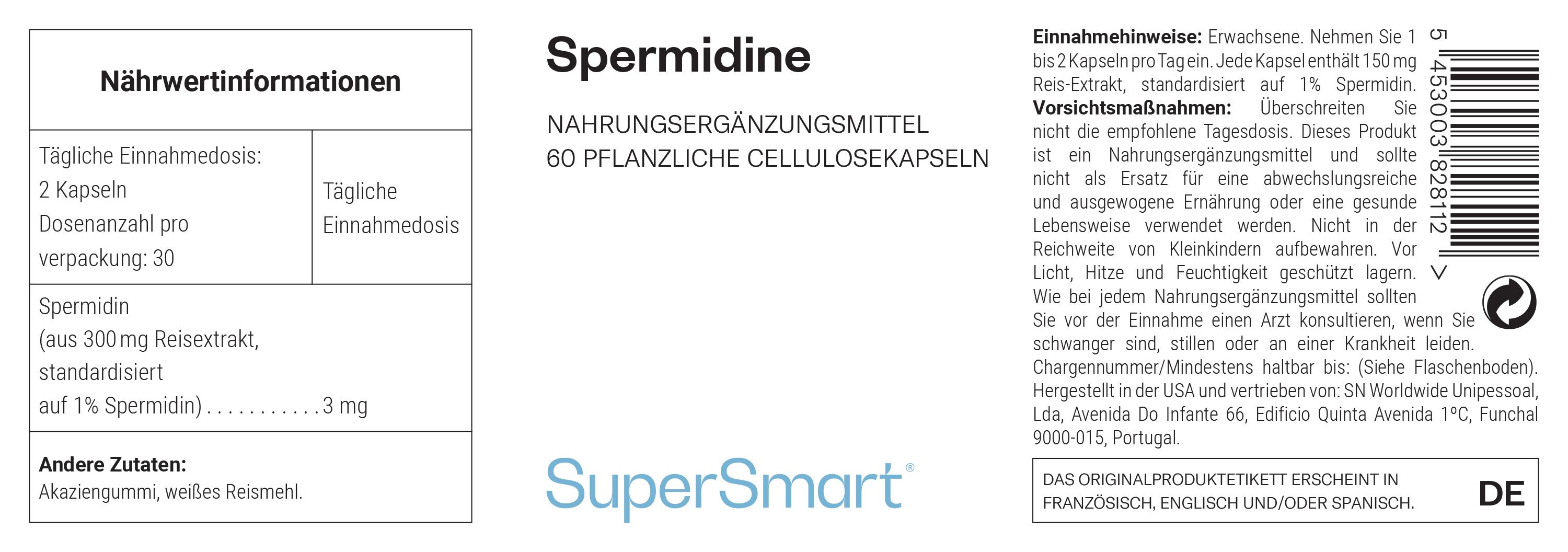 Integratore alimentare Spermidina: 60 capsule di cellulosa vegetale. Informazioni nutrizionali e dosaggio.