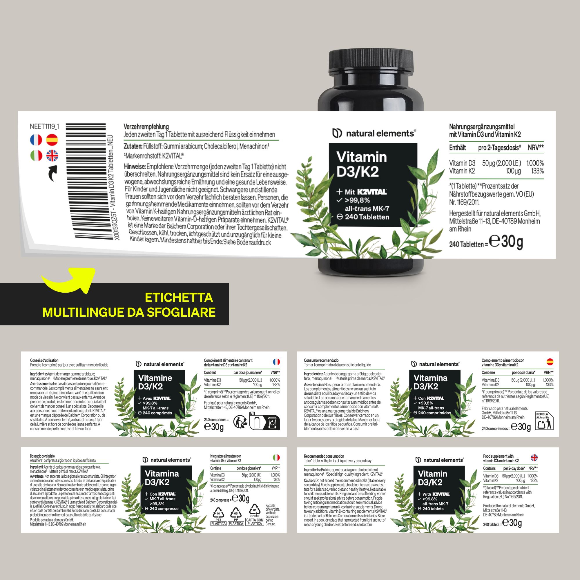 Flacone con compresse Vitamina D3/K2, etichetta con motivo vegetale, >99,7% all-trans MK-7, 240 compresse.