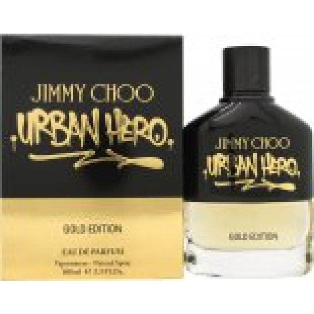 Scatola nera e flacone. Scritta: JIMMY CHOO URBAN HERO GOLD EDITION. Eau de Parfum.