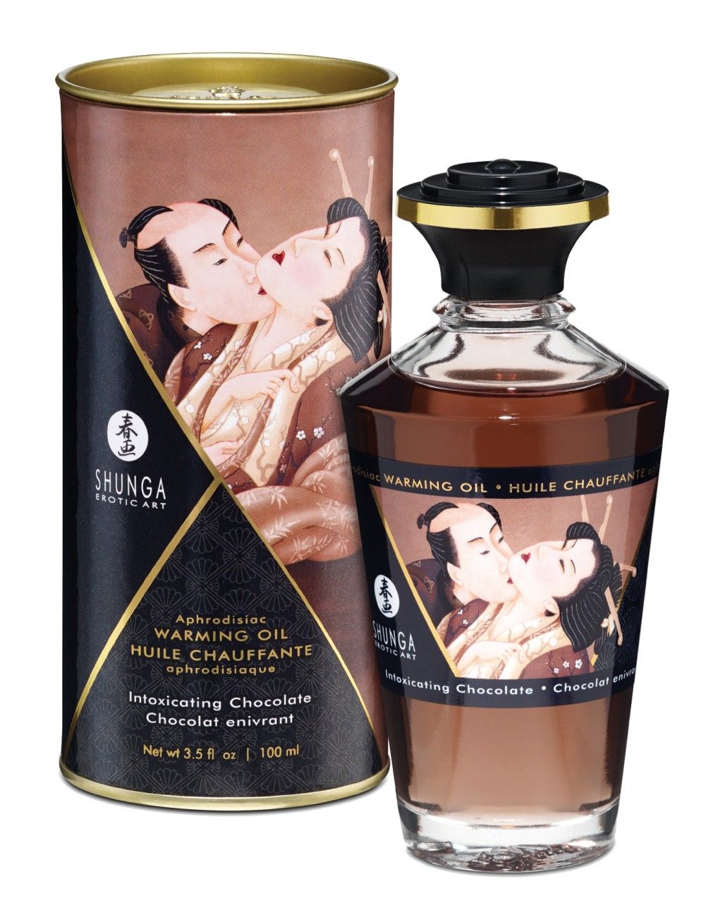 Flacone di olio da massaggio Shunga con motivo al cioccolato e arte erotica.