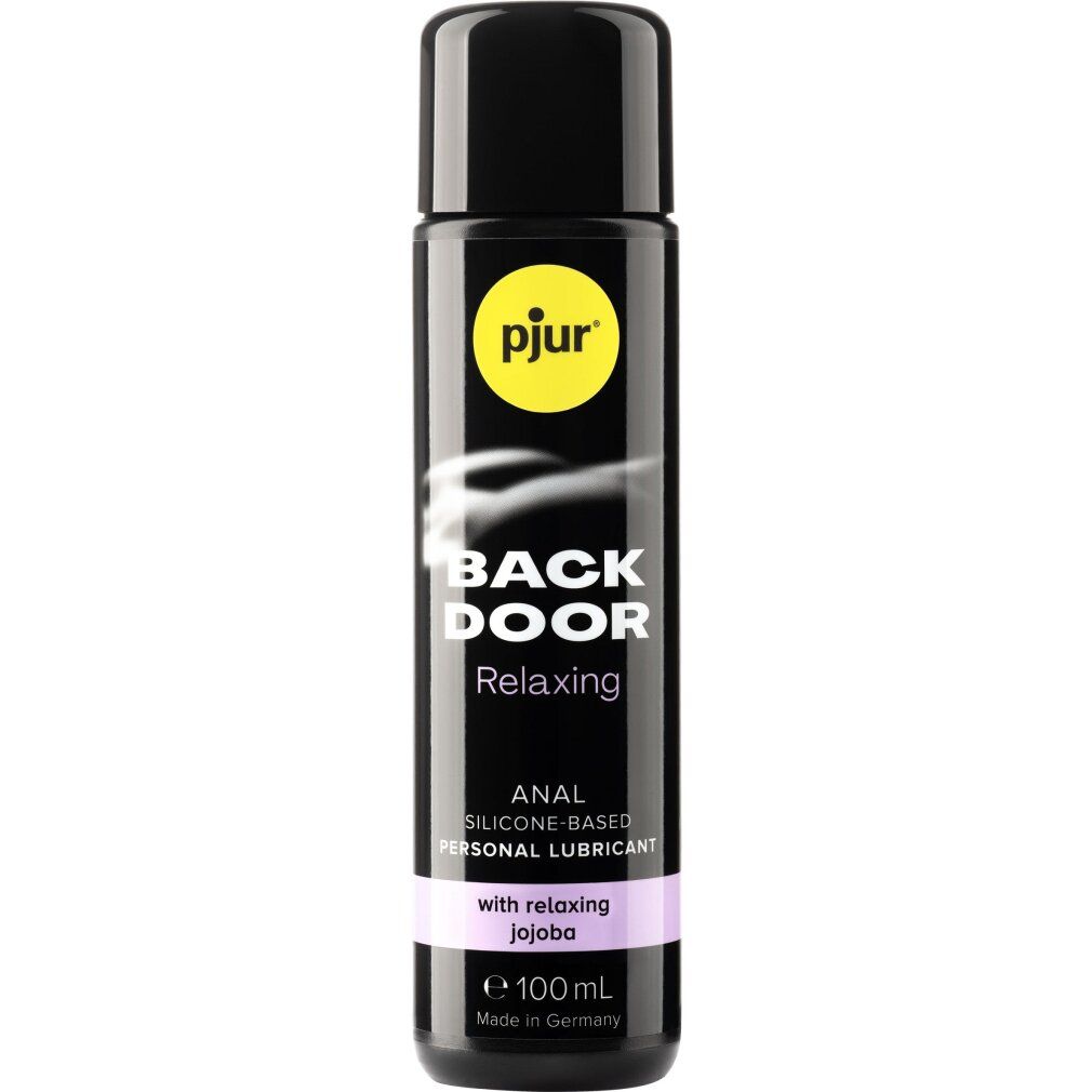 Flacone nero con tappo nero. Scritta: pjur, BACK DOOR, Relaxing, Anal, Silicone-Based, Personal Lubricant. Con jojoba.