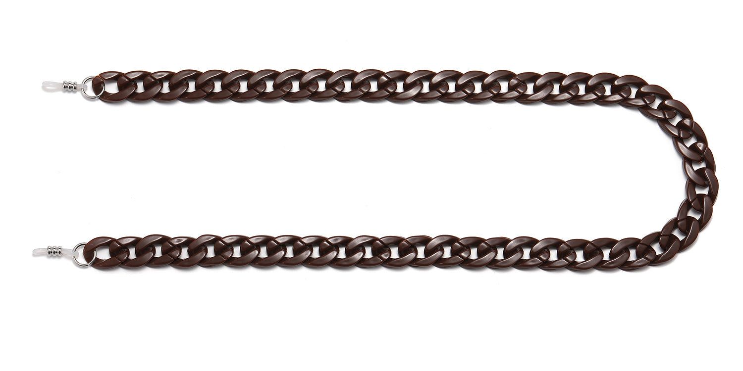 Catenina occhiali marrone, maglie a catena, chiusure metalliche. Disposizione a U su sfondo bianco.