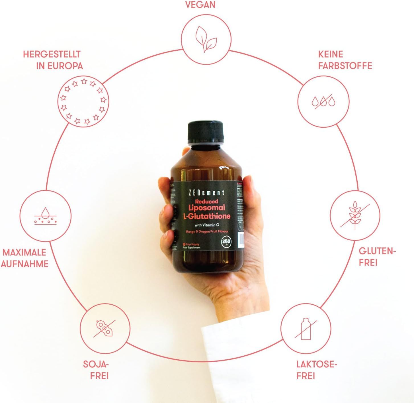 Bottiglia di vetro marrone con tappo nero. Scritta: Zenement Liposomal L-Glutatione con Vitamina C. Vegano, senza glutine, soia, lattosio.