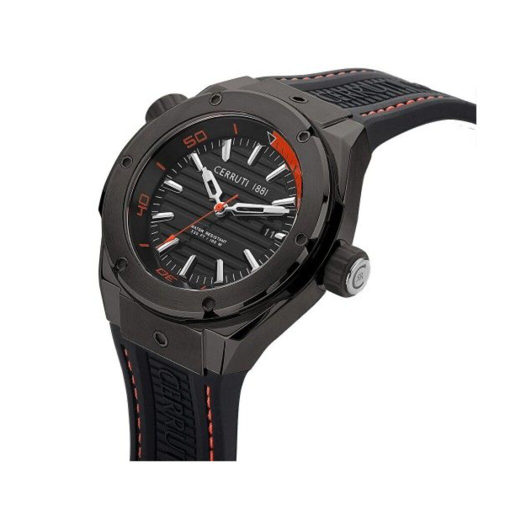Orologio da uomo grigio scuro con quadrante nero, datario e cinturino in caucciù nero con cuciture rosse. Marca: CERRUTI 1881.
