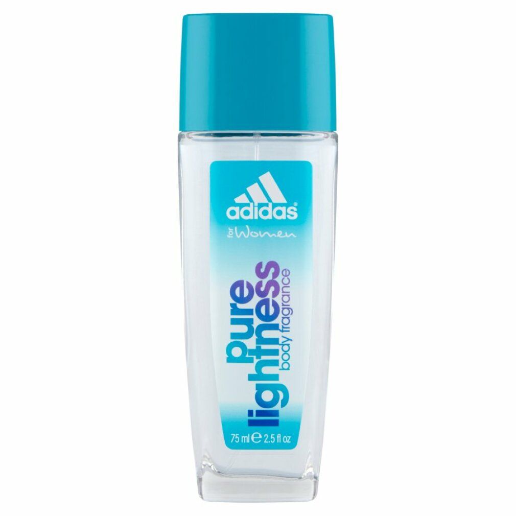 Flacone di vetro per deodorante con tappo blu. Scritta: adidas, Pure Lightness, Body Fragrance. 75 ml.