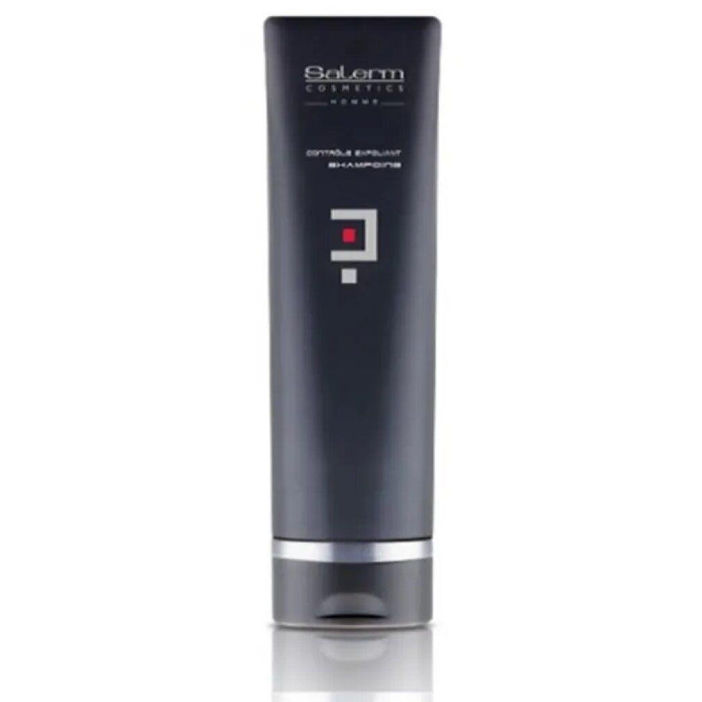 Tubo grigio scuro con anello argentato. Testo: Salerm Cosmetics Homme, Controle Shampoo Esfoliante Antiforfora.