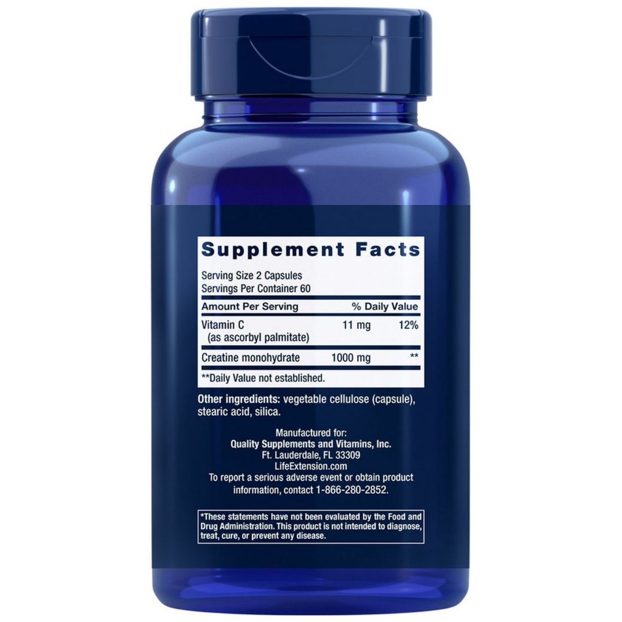 Retro del flacone Life Extension Kreatin-Kapseln. Include informazioni nutrizionali, creatina monoidrato 1000 mg per porzione.