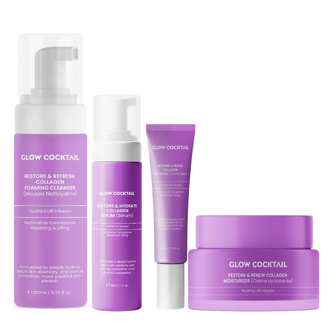 Quattro prodotti per la cura della pelle viola. Include: detergente schiumogeno, siero, crema per gli occhi e idratante. Tutti i prodotti riportano il nome Glow Cocktail.