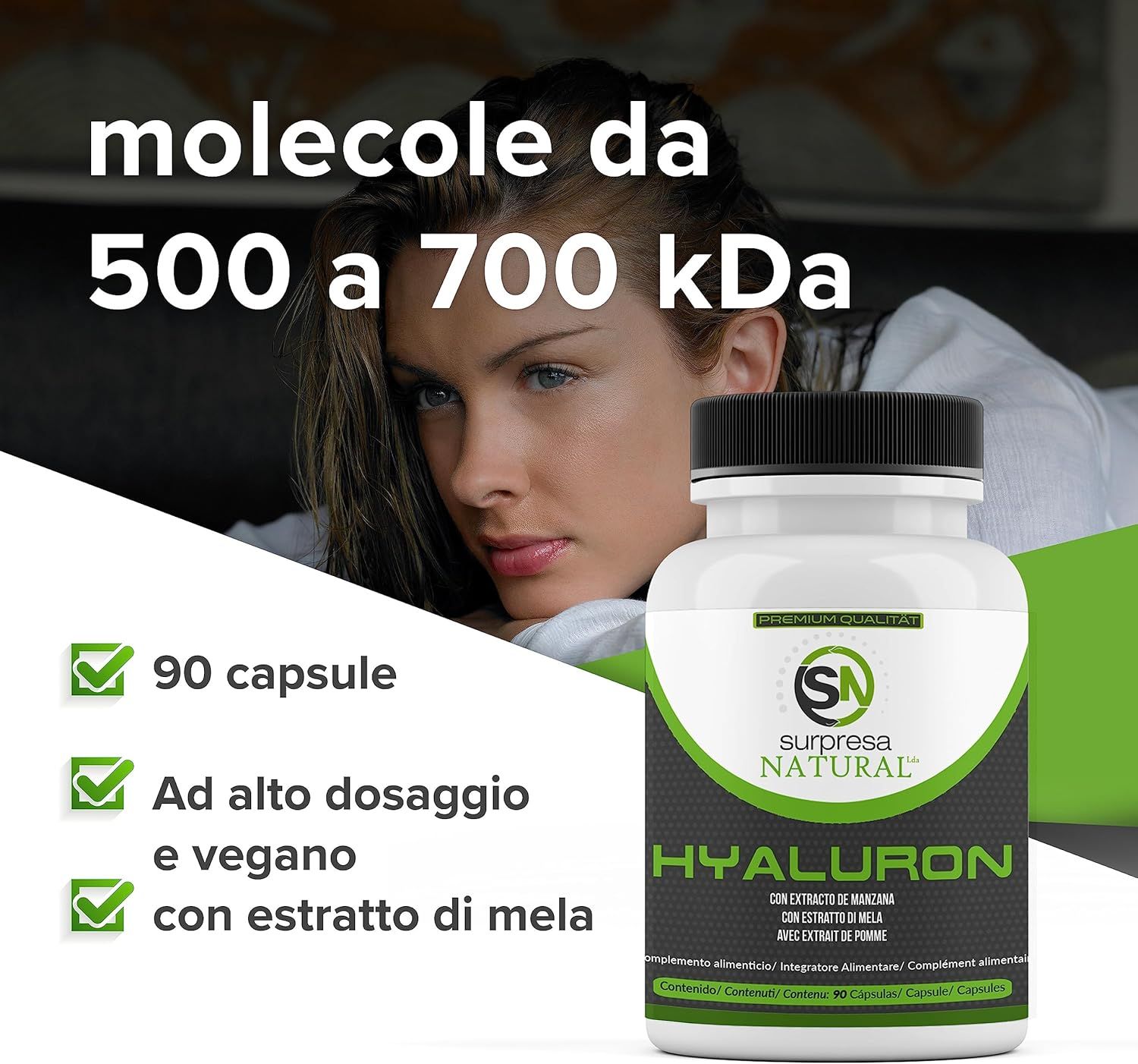 Flacone di capsule Hyaluron. Testo: 90 capsule, Ad alto dosaggio e vegano, con estratto di mela.