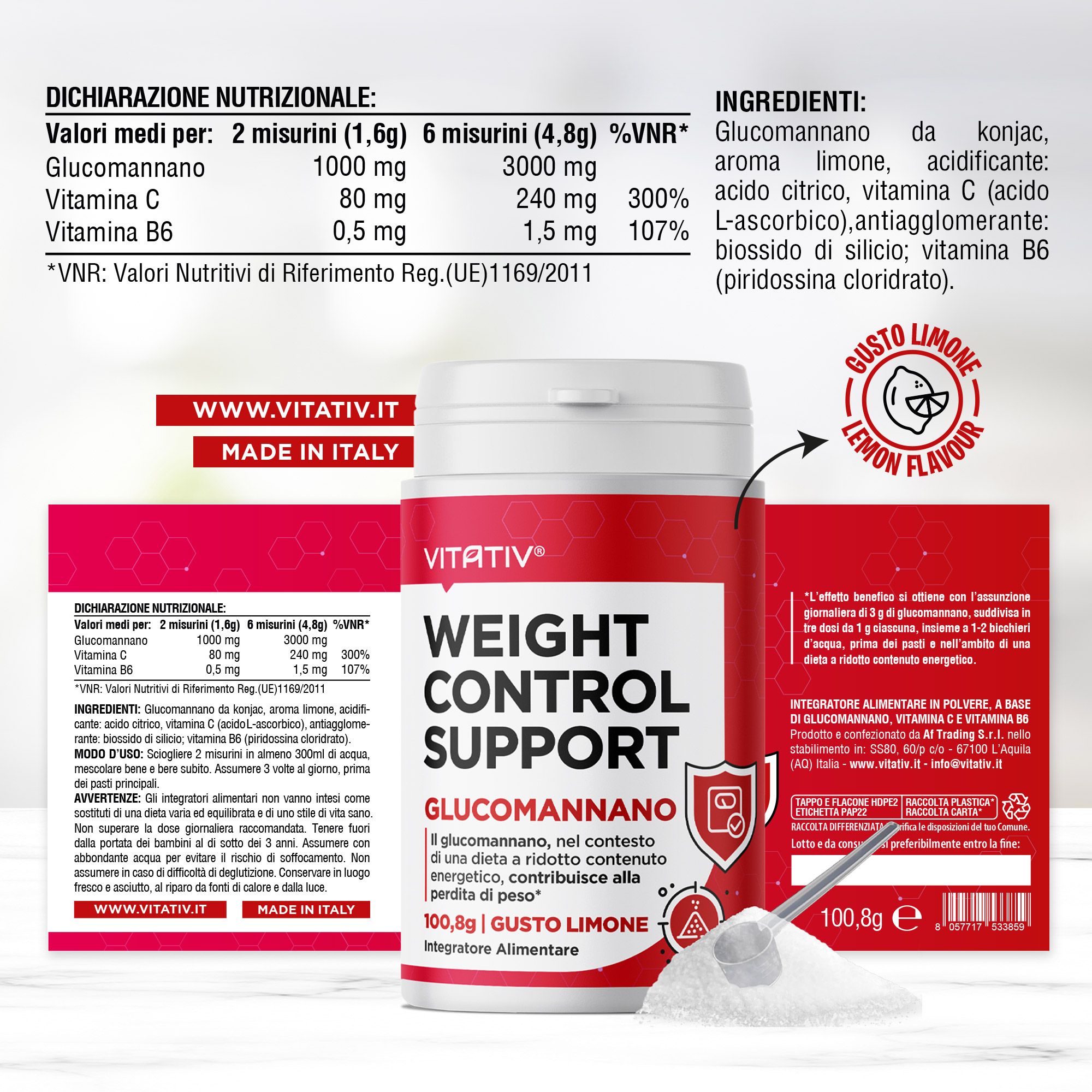 VITATIV® GLUCOMANNANO + Vitamina C e B6, Integratore in Polvere Gusto Limone per Controllo del Peso