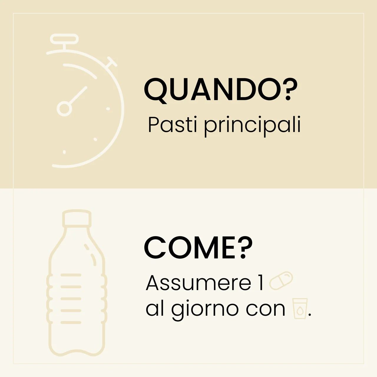 Grafico con orologio e bottiglia. Testo: Quando? Pasti principali. Come? 1 capsula al giorno con acqua.
