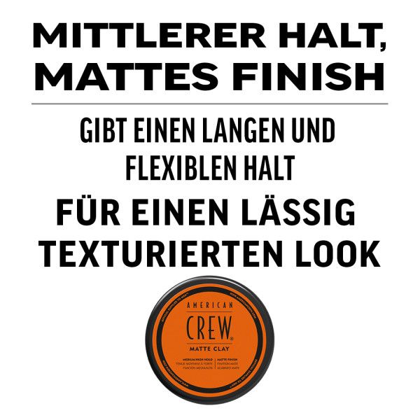 Contenitore rotondo "AMERICAN CREW MATTE CLAY" con testo. Testo: "MITTLERER HALT, MATTES FINISH".