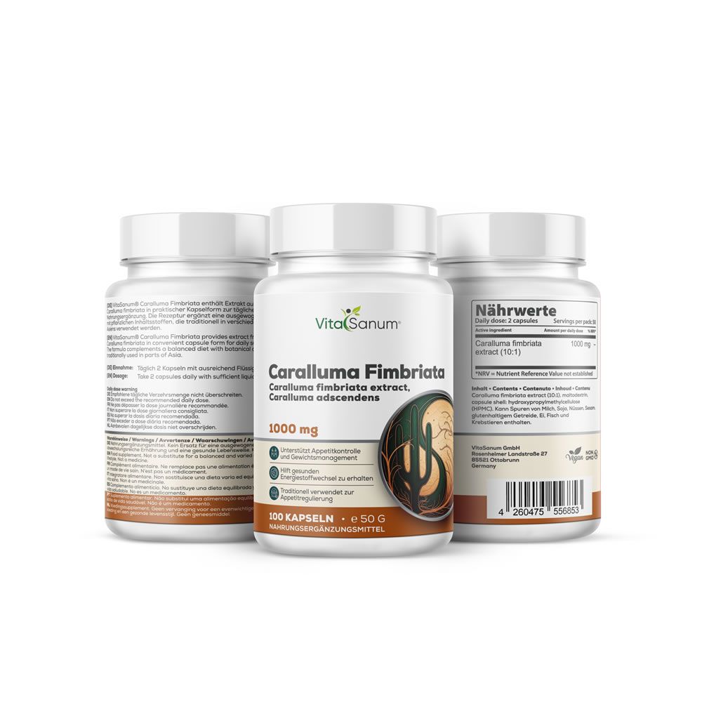 Tre flaconi bianchi di capsule. Scritta: VitaSanum, Caralluma Fimbriata, 1000 mg, integratore alimentare.