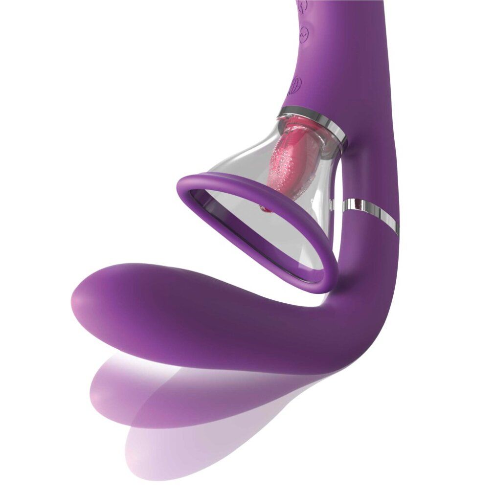 Vibratore viola con due coppe aspiranti. Caratteristiche visibili: forma curva, dettagli argentati, coppe trasparenti con elementi rosa.