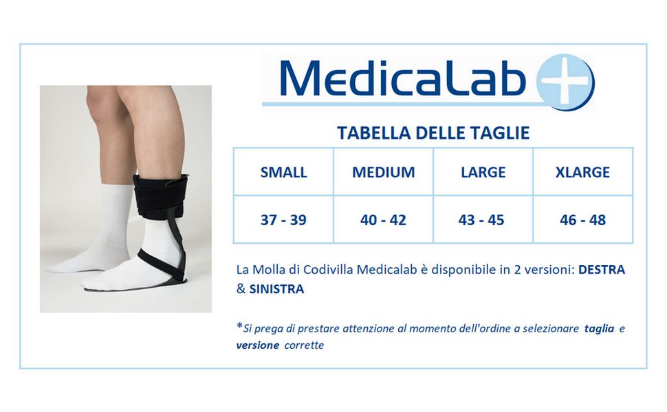 Tabella taglie per un tutore di sollevamento del piede Medicalab con indicazioni di taglia.