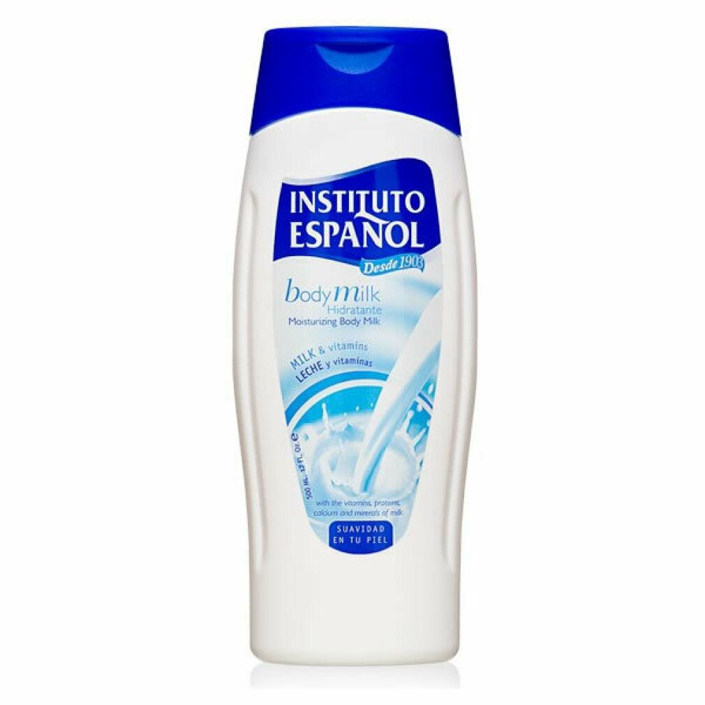 Flacone bianco con tappo blu. Scritta: Instituto Español, body milk, leche y vitaminas.