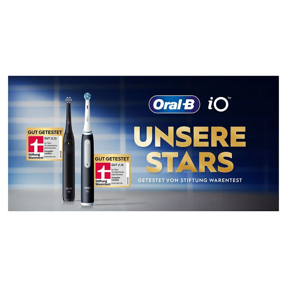 Due spazzolini Oral-B iO, nero e bianco, con scritta "Unsere Stars" e sigilli.