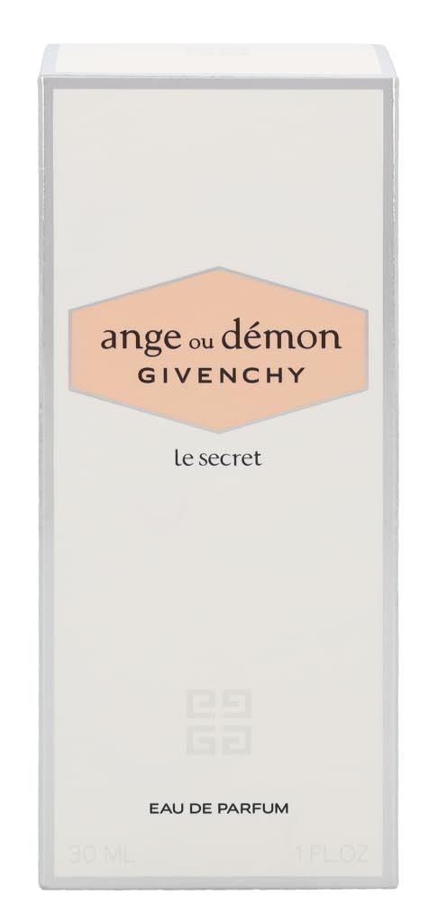 Confezione bianca con logo e testo. Testo: Ange ou Démon, Givenchy, Le Secret, Eau de Parfum. 30 ml, 1 FL.OZ.
