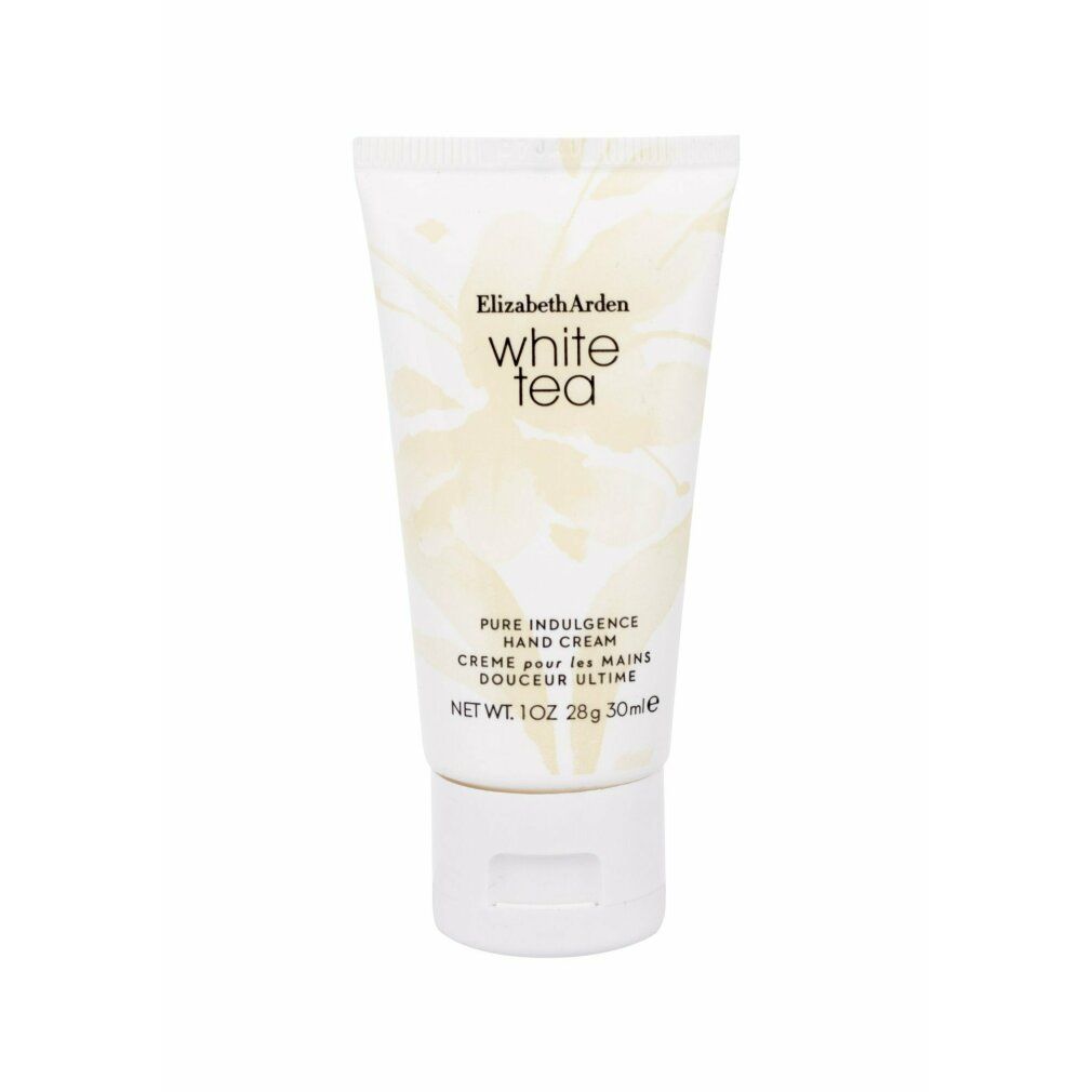 Tubo bianco di crema mani. Scritta: Elizabeth Arden White Tea, Pure Indulgence Hand Cream. Motivo floreale. Contenuto netto.