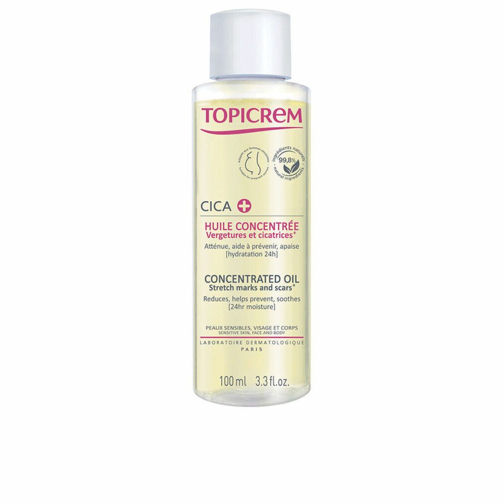 Flacone Topicrem Cica Huile Concentrée. Scritta Cica+, Huile Concentrée. 100 ml. Tappo bianco.