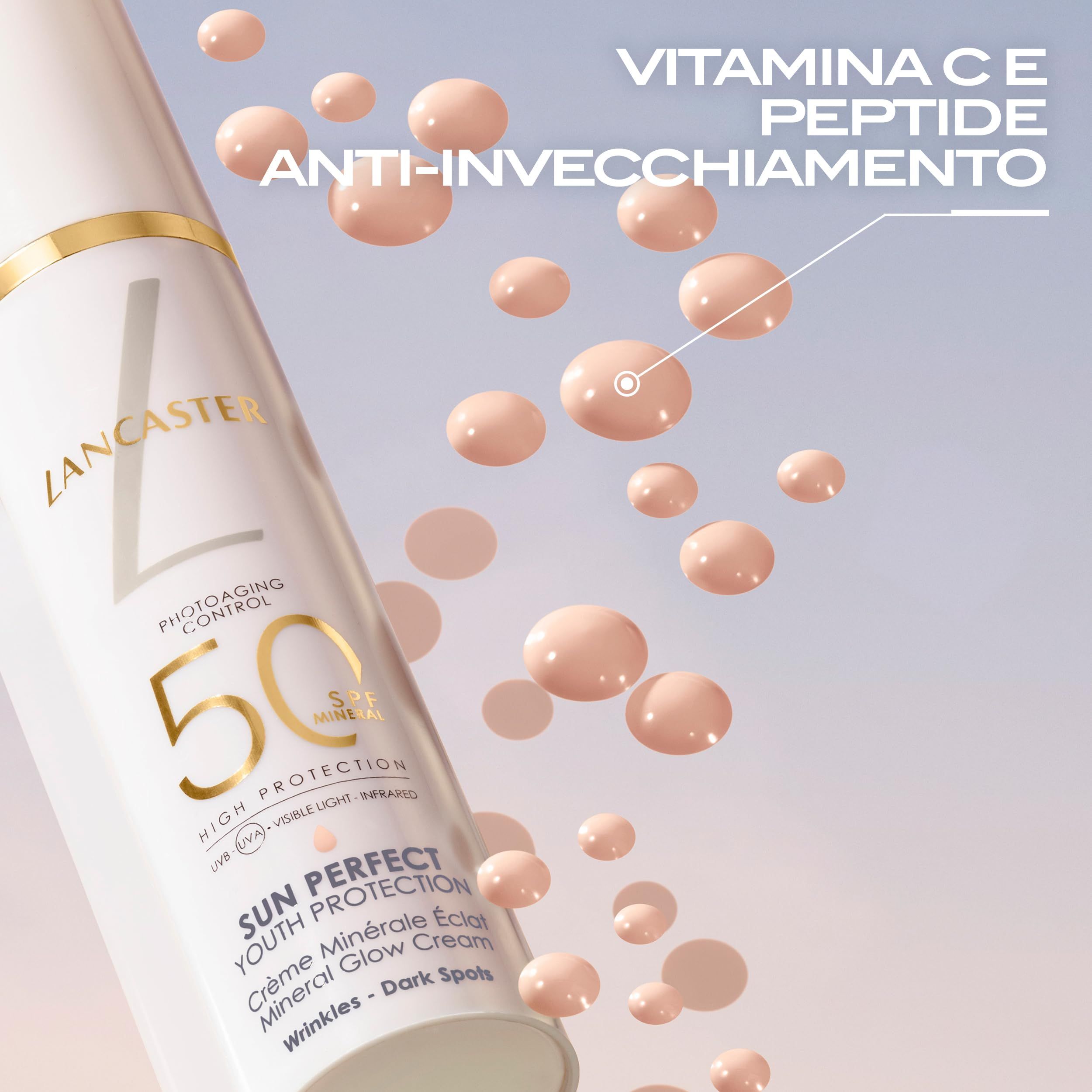 Prodotto con testo. Scritta: Lancaster, 50 SPF, Sun Perfect Youth Protection. Crema per rughe e macchie scure. Con vitamina C e peptidi.