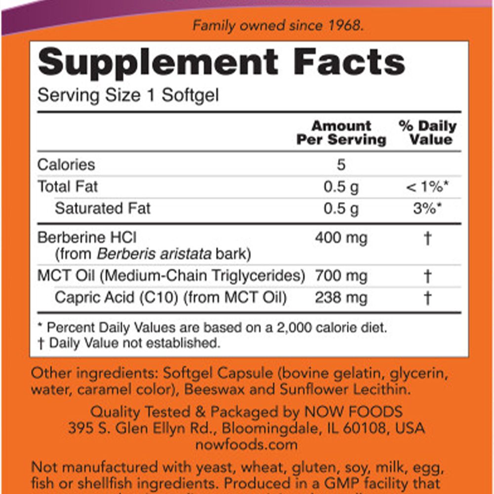 Tabella dei valori nutrizionali su un'etichetta. Contiene informazioni su calorie, grassi e berberina. Marchio: NOW FOODS. Certificazione GMP.
