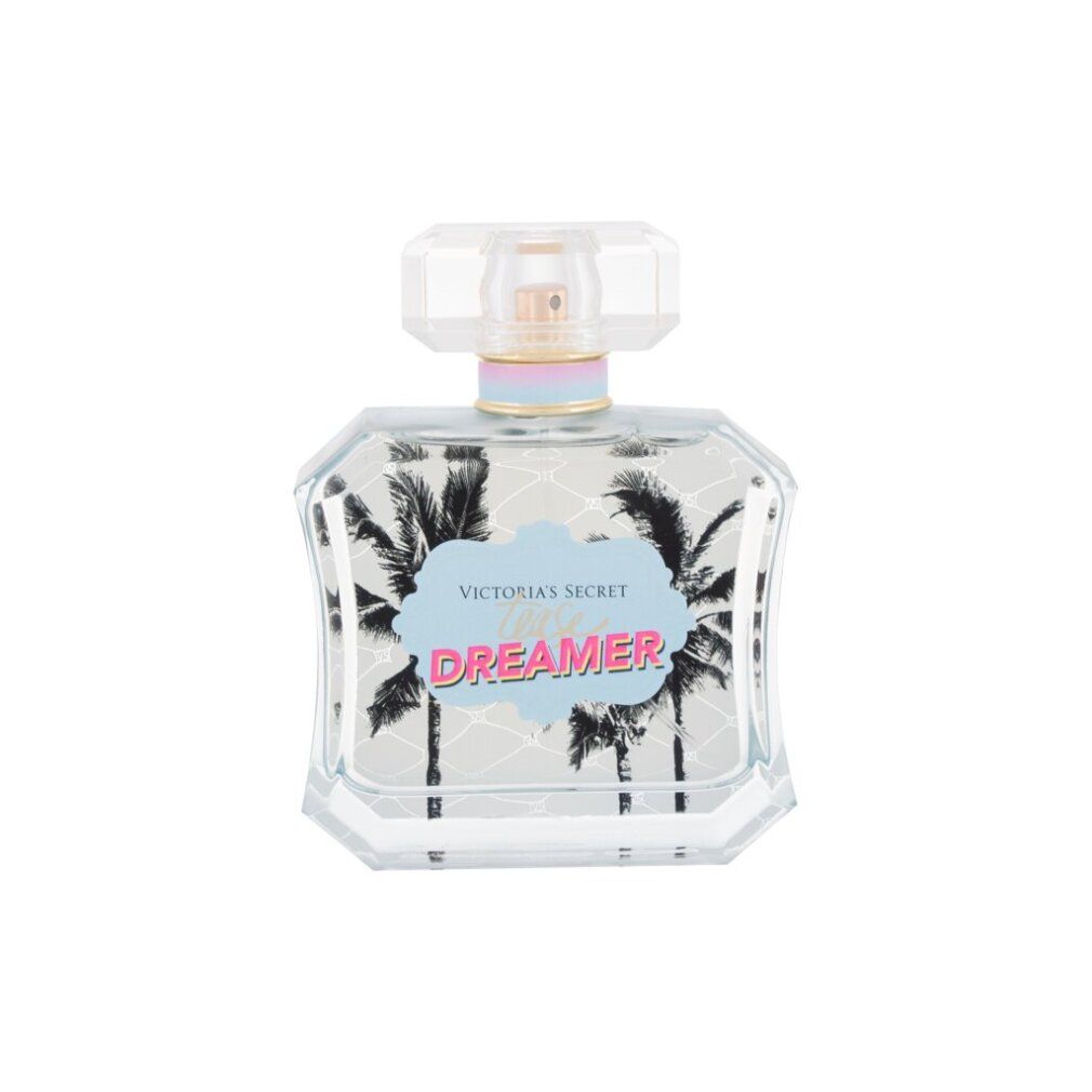 Flacone di profumo. Flacone in vetro trasparente sfaccettato con vaporizzatore. Scritta: Dreamer, Victoria's Secret.
