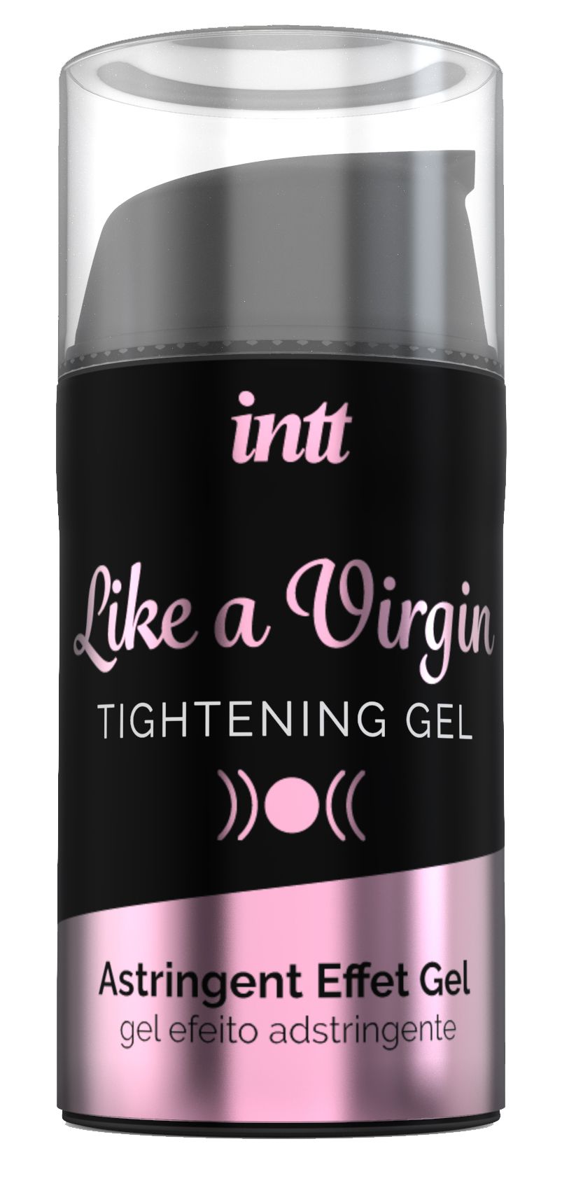 Flacone cilindrico nero con testo: INTT, Like a Virgin, Tightening Gel. Accento rosa. Tappo trasparente.