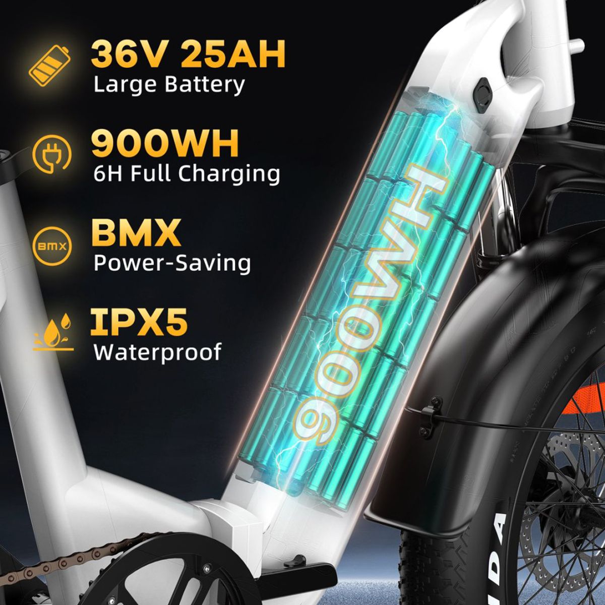 Batteria e-bike con informazioni: 36V 25AH, 900WH, 6H di ricarica, BMX Power-Saving, IPX5 impermeabile. Rappresentazione blu.