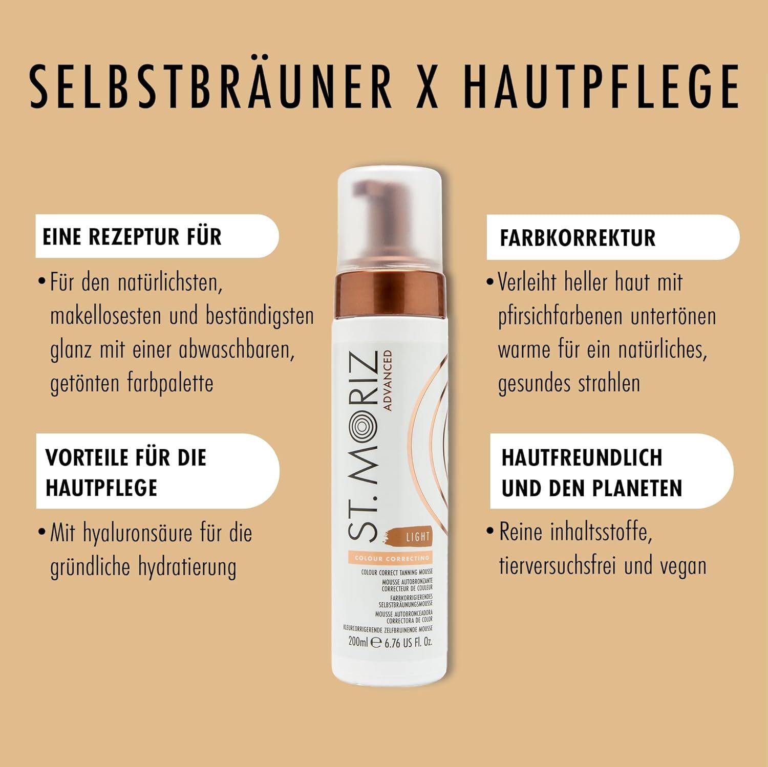 Mousse abbronzante ST. MORIZ Advanced. Flacone bianco, tappo marrone. Testo: Light, correzione colore, 200ml.