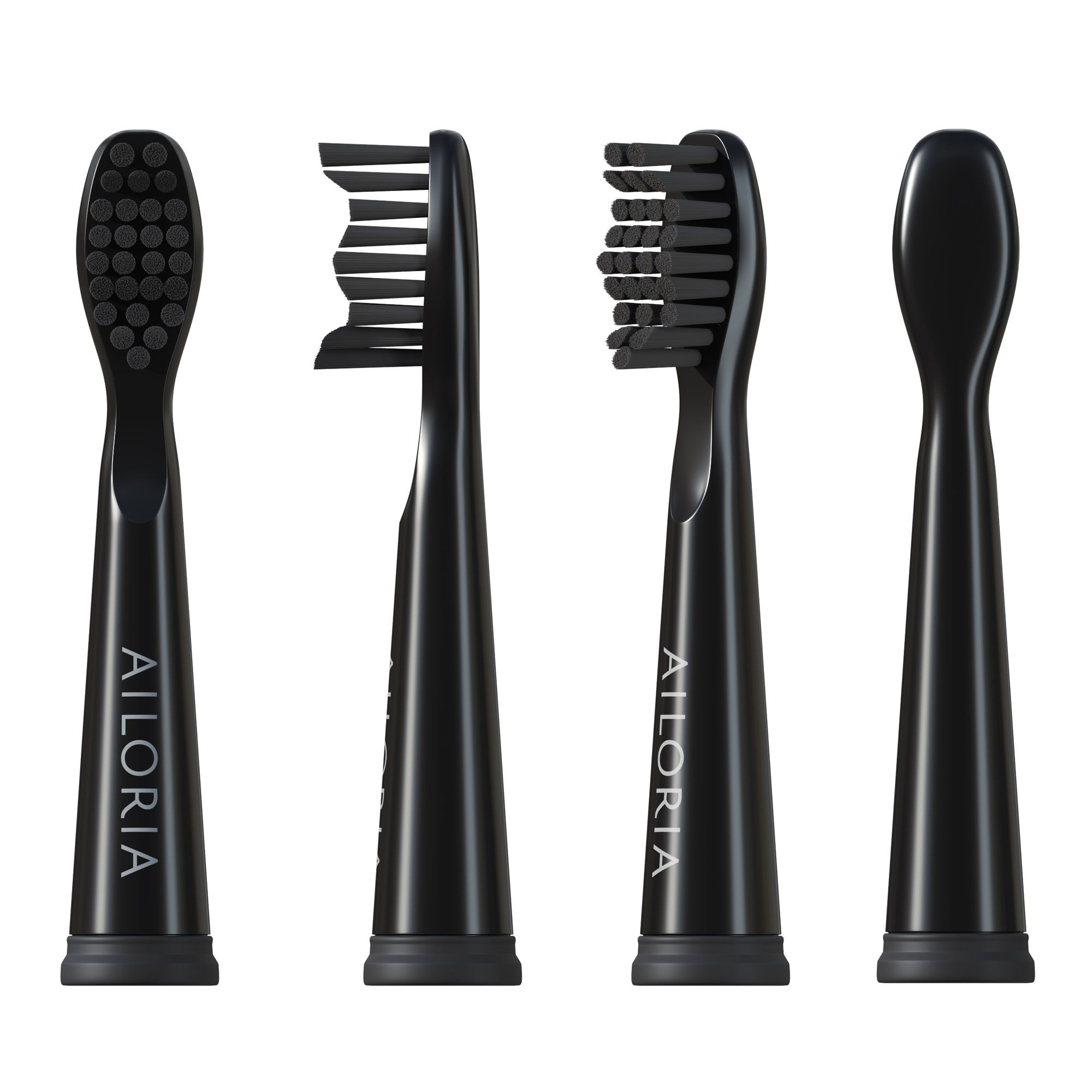 Quattro testine nere di ricambio. Diverse viste: setole, lato, setole e retro. Logo AILORIA.